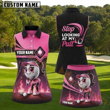Maxcorners Pink Girl Golfer Stop Looking at My Putt Personalized Name 3D Golf Shirt and Golf Skirt