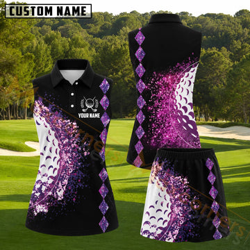Maxcorners Purple Glitter Golf Ball Pattern Personalized Name 3D Golf Shirt and Golf Skirt