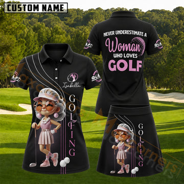 Maxcorners Black Pink Golf Woman Golf Ball Personalized Name 3D Golf Shirt and Golf Skirt