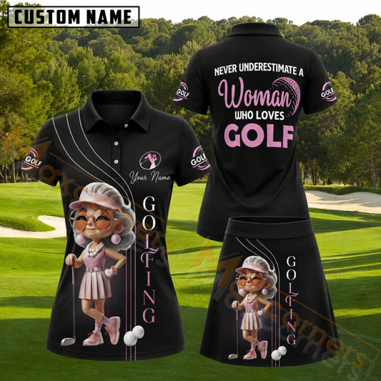 Maxcorners Black Pink Golf Woman Golf Ball Personalized Name 3D Golf Shirt and Golf Skirt