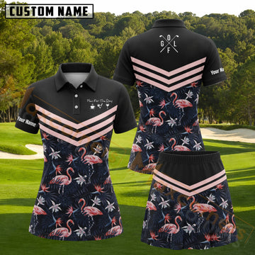 Maxcorners Black Pink Tropical Flamingo Personalized Name 3D Golf Shirt and Golf Skirt