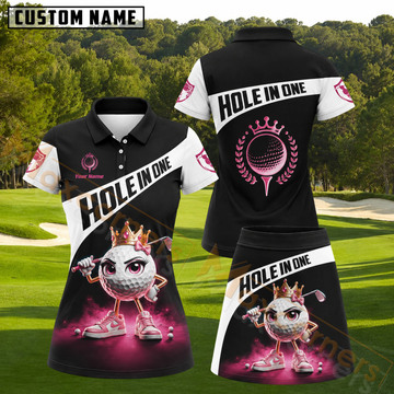 Maxcorners Queen Golfer Ball Holding Club Pink Crown Graphic Black White Personalized Name 3D Golf Shirt and Golf Skirt