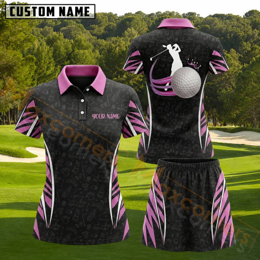 Maxcorners Black Pink Golf Ball Lady Golfer Personalized Name 3D Golf Shirt and Golf Skirt