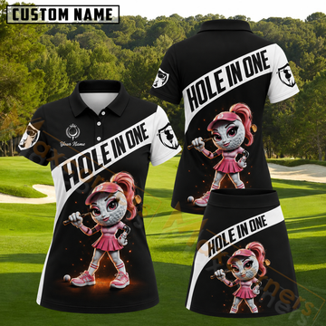 Maxcorners Female Golf Ball Character Pink Outfit Glowing Sparks Black Personalized Name 3D Golf Shirt and Golf Skirt