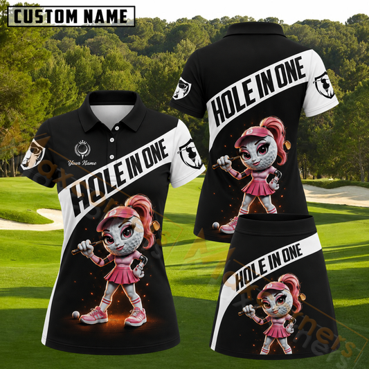 Maxcorners Female Golf Ball Character Pink Outfit Glowing Sparks Black Personalized Name 3D Golf Shirt and Golf Skirt
