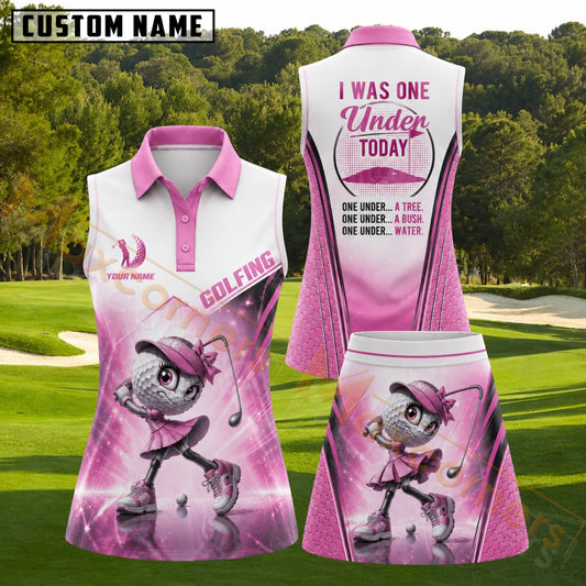 Maxcorners Pink White Cute Golf Girl Personalized Name 3D Golf Shirt and Golf Skirt