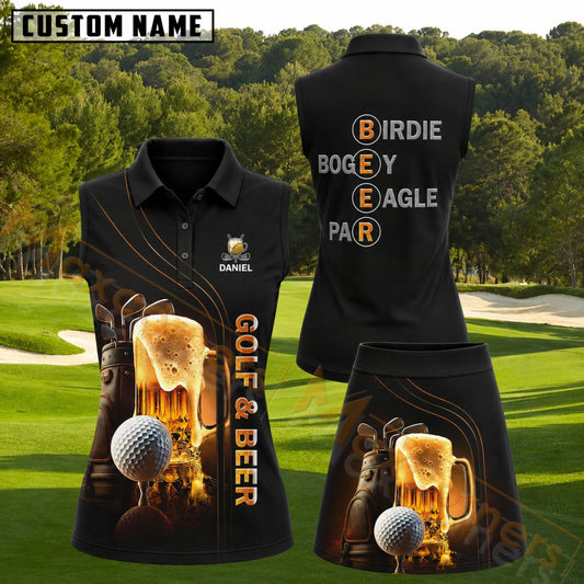 Maxcorners Black Orange Golf and Beer Personalized Name 3D Golf Shirt and Golf Skirt