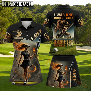 Maxcorners Skeleton Lady Golfer Fiery Hair I Was One Under Today Black Orange Personalized Name 3D Golf Shirt and Golf Skirt