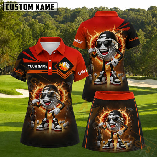 Maxcorners Cool Flaming Golf Ball Cartoon Black and Red Personalized Name 3D Golf Shirt and Golf Skirt
