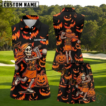 Maxcorners Black Orange Halloween Pumpkin Skeleton Golfer Personalized Name 3D Golf Shirt and Golf Skirt