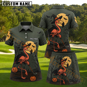 Maxcorners Dark Green Orange Halloween Witch Flamingo Golfer Personalized Name 3D Golf Shirt and Golf Skirt