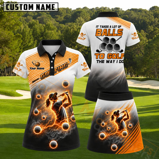 Maxcorners Fiery Female Golfer Swing Lightning Black White Orange Personalized Name 3D Golf Shirt and Golf Skirt