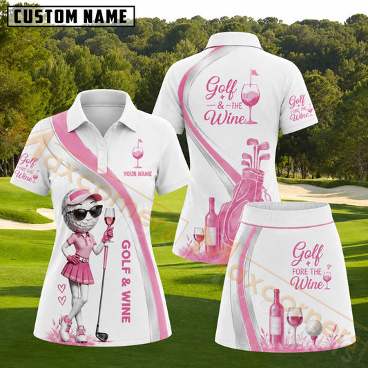 Maxcorners Pink Golf and Wine Lady Golfer Personalized Name 3D Golf Shirt and Skirt