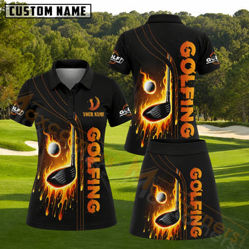 Maxcorners Flaming Golf Club And Ball Fire Graphic Black Orange Personalized Name 3D Golf Shirt and Golf Skirt