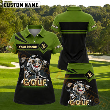 Maxcorners Sporty Green Black Striped Golf Character Personalized Name 3D Golf Shirt and Golf Skirt