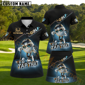 Maxcorners I'd Tap That Cool Golf Ball Character Black Cyan Personalized Name 3D Golf Shirt and Golf Skirt