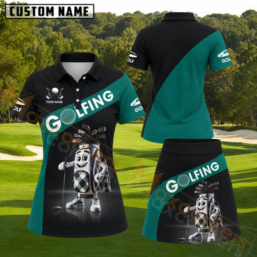 Maxcorners Happy Golf Bag Character With Clubs Dark Green Personalized Name 3D Golf Shirt and Golf Skirt
