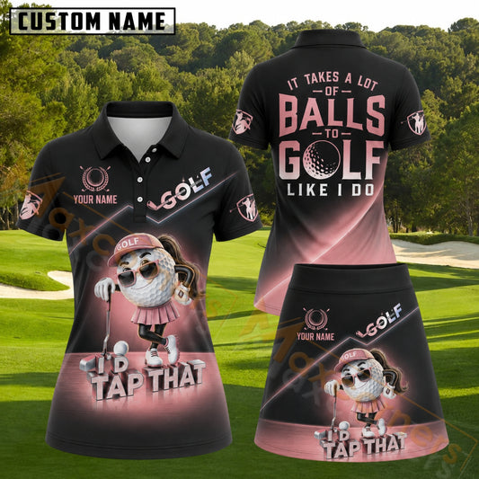 Maxcorners Cool Female Golf Character I'd Tap That Typography Pastel Pink Personalized Name 3D Golf Shirt and Golf Skirt