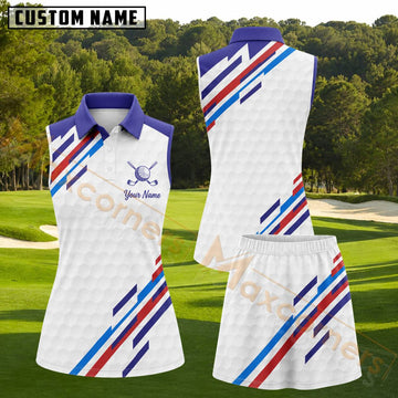 Maxcorners White Purple Red Blue Geometric Stripe Golf Personalized Name 3D Golf Shirt and Golf Skirt