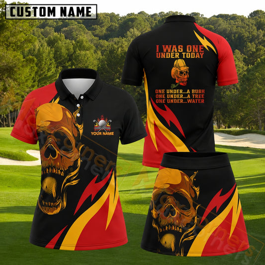 Maxcorners Fiery Skull Lightning Dynamic Black And Red Personalized Name 3D Golf Shirt and Golf Skirt