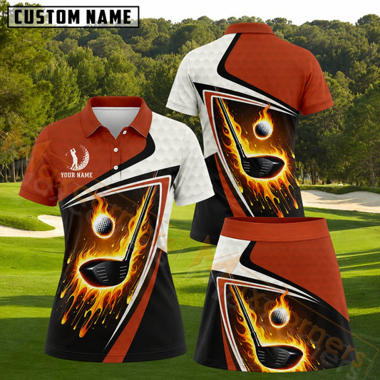 Maxcorners Diagonal Flame Golf Graphic Orange And Black Personalized Name 3D Golf Shirt and Golf Skirt