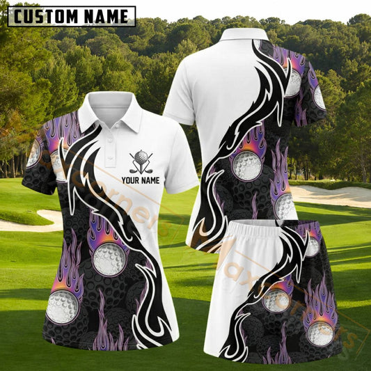 Maxcorners White Black Purple Flame Golf Ball Personalized Name 3D Golf Shirt and Golf Skirt
