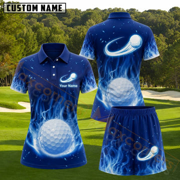 Maxcorners Royal Blue White Flaming Golf Ball Personalized Name 3D Golf Shirt and Golf Skirt