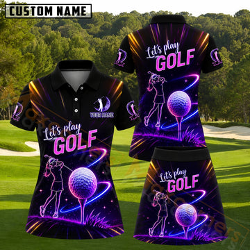 Maxcorners Neon Glowing Cosmic Golf Ball Lady Golfer Silhouette Purple Pink Black Personalized Name 3D Golf Shirt and Golf Skirt