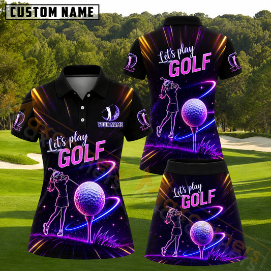 Maxcorners Neon Glowing Cosmic Golf Ball Lady Golfer Silhouette Purple Pink Black Personalized Name 3D Golf Shirt and Golf Skirt