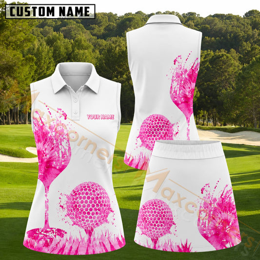 Maxcorners Pink Floral Golf Ball Personalized Name 3D Golf Shirt and Golf Skirt