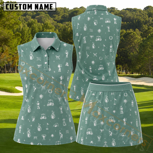 Maxcorners Sage Green Golf Equipment Doodle Pattern 3D Golf Shirt and Skirt (No Personalized Name)