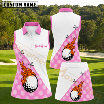 Maxcorners Pink Flaming Golf Ball Pattern Personalized Name 3D Golf Shirt and Skirt