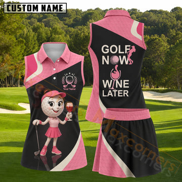 Maxcorners Pink Black Golf Now Wine Later Golf Personalized Name 3D Golf Shirt and Golf Skirt