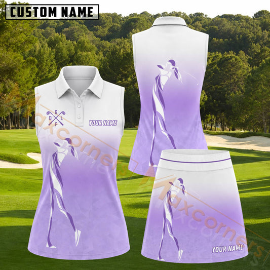 Maxcorners Lavender Gradient Golf Lady Silhouette Personalized Name 3D Golf Shirt and Golf Skirt