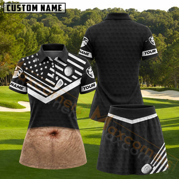 Maxcorners Funny Hairy Belly American Flag Golf Personalized Name 3D Golf Shirt and Golf Skirt