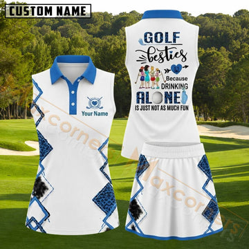 Maxcorners White Blue Leopard Patchwork Golf Personalized Name 3D Golf Shirt and Golf Skirt