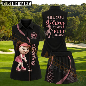 Maxcorners Black And Pink Cute Golf Girl Golf Personalized Name 3D Golf Shirt and Golf Skirt