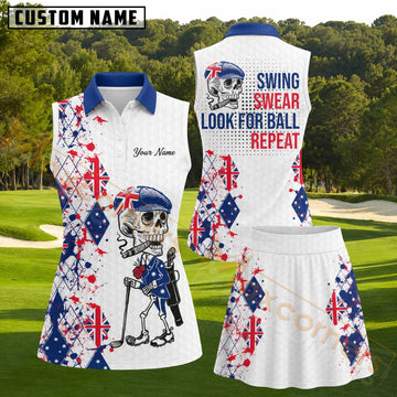 Maxcorners White Australian Flag Skull Paint Splatter Golf Personalized Name 3D Golf Shirt and Golf Skirt