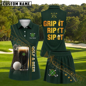Maxcorners Dark Green Beer And Golf Personalized Name 3D Golf Shirt and Golf Skirt