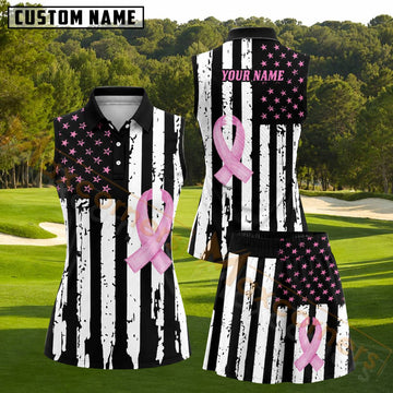 Maxcorners Pink Ribbon American Flag Golf Personalized Name 3D Golf Shirt and Golf Skirt