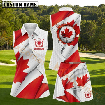 Maxcorners Red White Canada Maple Leaf Golf Personalized Name 3D Golf Shirt and Golf Skirt