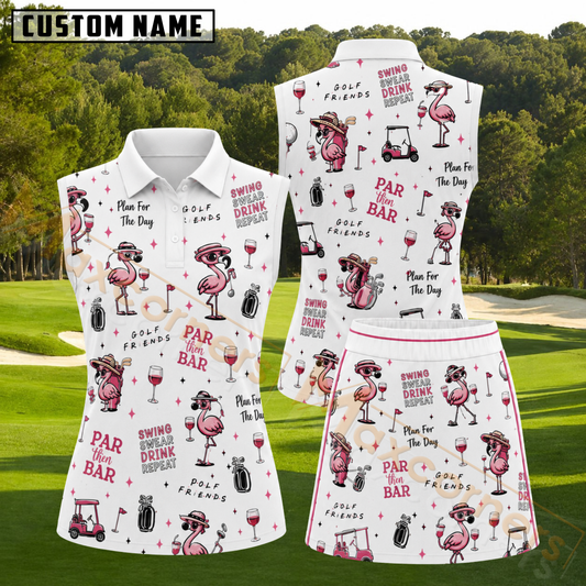 Maxcorners Pink Flamingo Golf and Wine Pattern 3D Golf Shirt and Skirt (No Personalized Name)