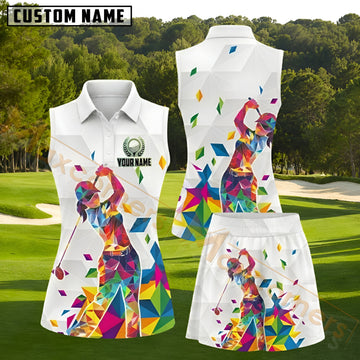 Maxcorners White Colorful Geometric Golfer Golf Personalized Name 3D Golf Shirt and Golf Skirt