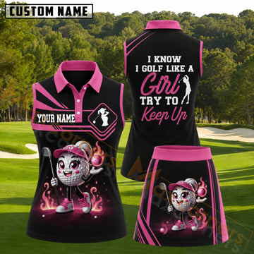 Maxcorners Black and Hot Pink Flaming Golf Ball Girl Personalized Name 3D Golf Shirt and Skirt