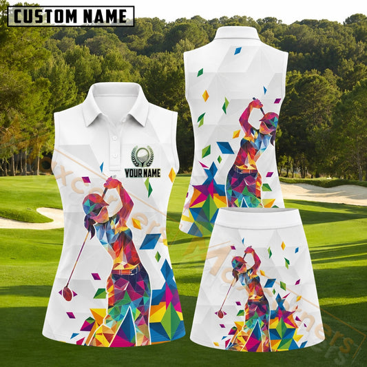Maxcorners White Colorful Geometric Golfer Golf Personalized Name 3D Golf Shirt and Golf Skirt