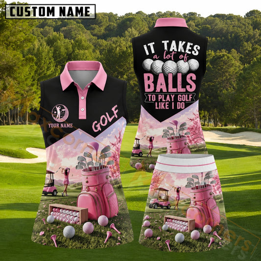 Maxcorners Pink Black Golf Lifestyle Personalized Name 3D Golf Shirt and Golf Skirt