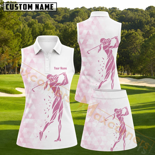 Maxcorners White Pink Geometric Female Golfer Personalized Name 3D Golf Shirt and Golf Skirt