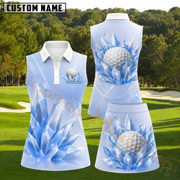 Maxcorners Icy Blue Crystal Golf Ball Personalized Name 3D Golf Shirt and Golf Skirt