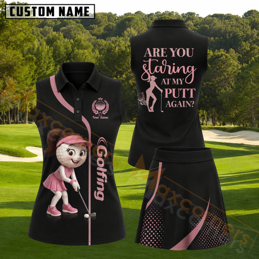 Maxcorners Black And Pink Cute Golf Girl Golf Personalized Name 3D Golf Shirt and Golf Skirt