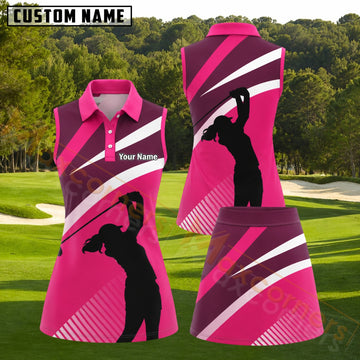 Maxcorners Hot Pink Burgundy White Female Golfer Silhouette Personalized Name 3D Golf Shirt and Golf Skirt